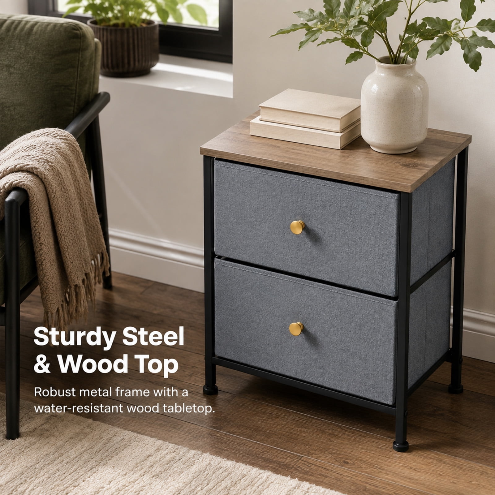 Alvantor Nightstand with 2 Storage Drawers, Small Bedside Table, Small Dresser with Sturdy Wooden Top for Daily Essentials, Compact Nightstand for Bedroom and Small Spaces