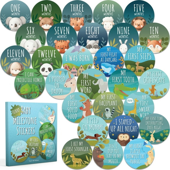 Ellopi 4" Funny Animals Blue Baby Boy Milestone Photo Prop Stickers, 30 Pack