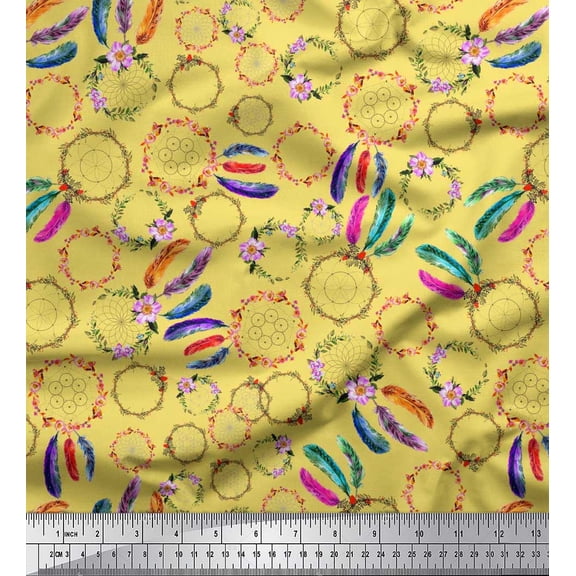 Soimoi Japan Crepe Satin Fabric Wreath & Dream Catcher Home Decor Print Fabric by The Yard 42 Inch Wide