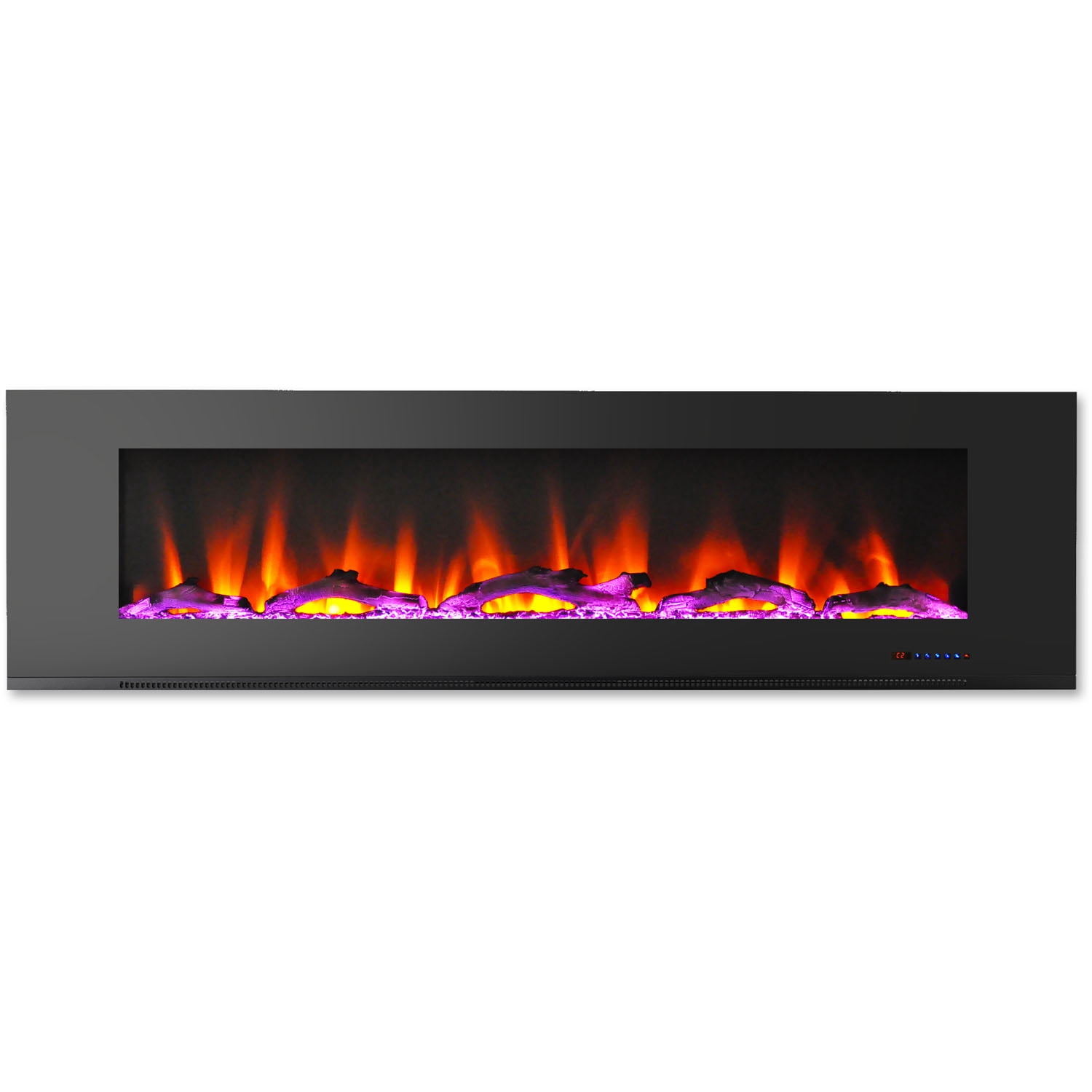 Hanover 72 In. Wall-Mount Electric Fireplace in Black with Multi-Color Flames and Driftwood Log Display
