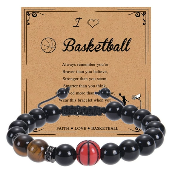 SUSHANG Natural Obsidian Beads Basketball Baseball Bracelet Natural Beaded Rugby Bracelet Sports Bracelet with Card