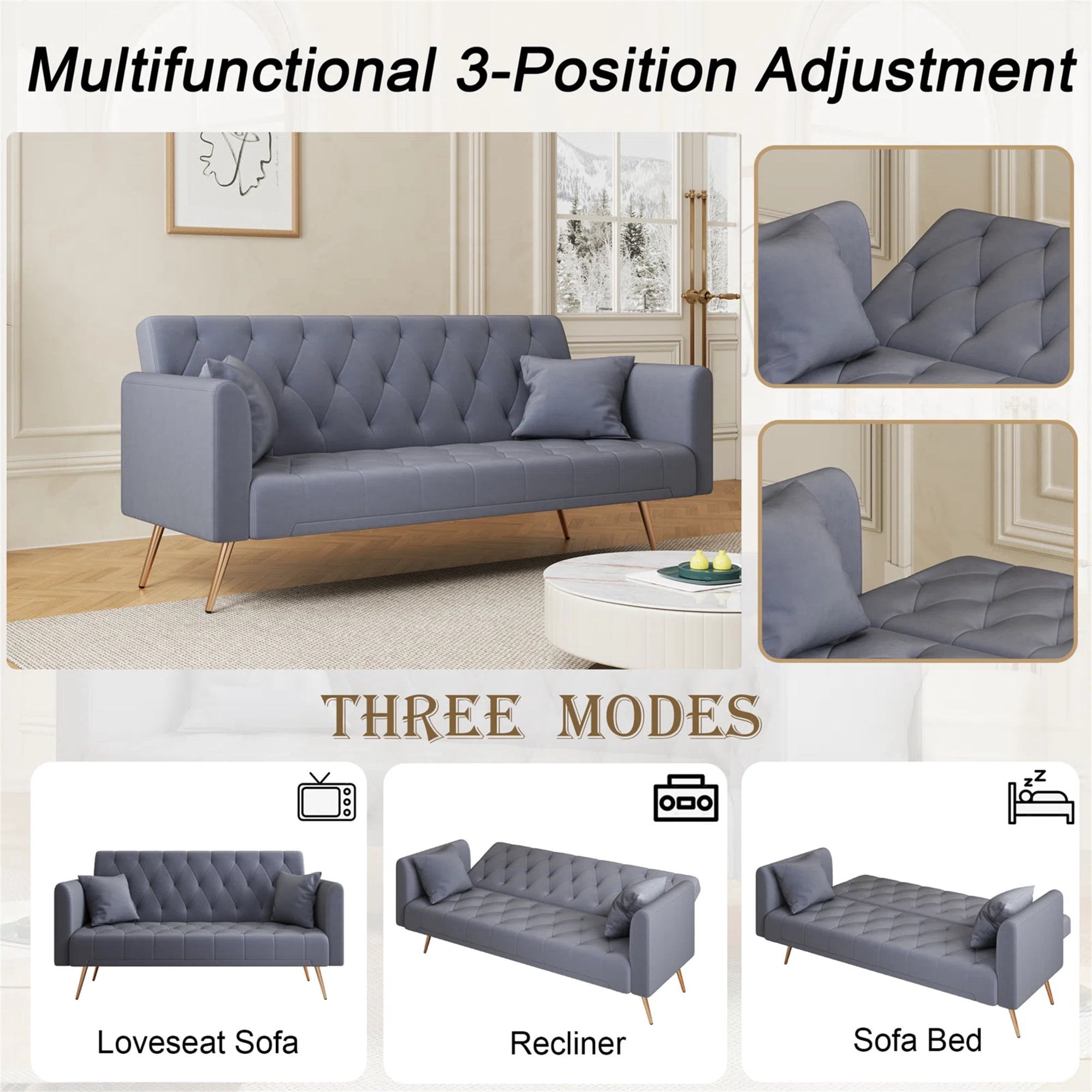Aukfa Velvet Futon Convertible Sofa Bed, Upholstered Arm Couch for Home Office, 2 Pillows, Gray