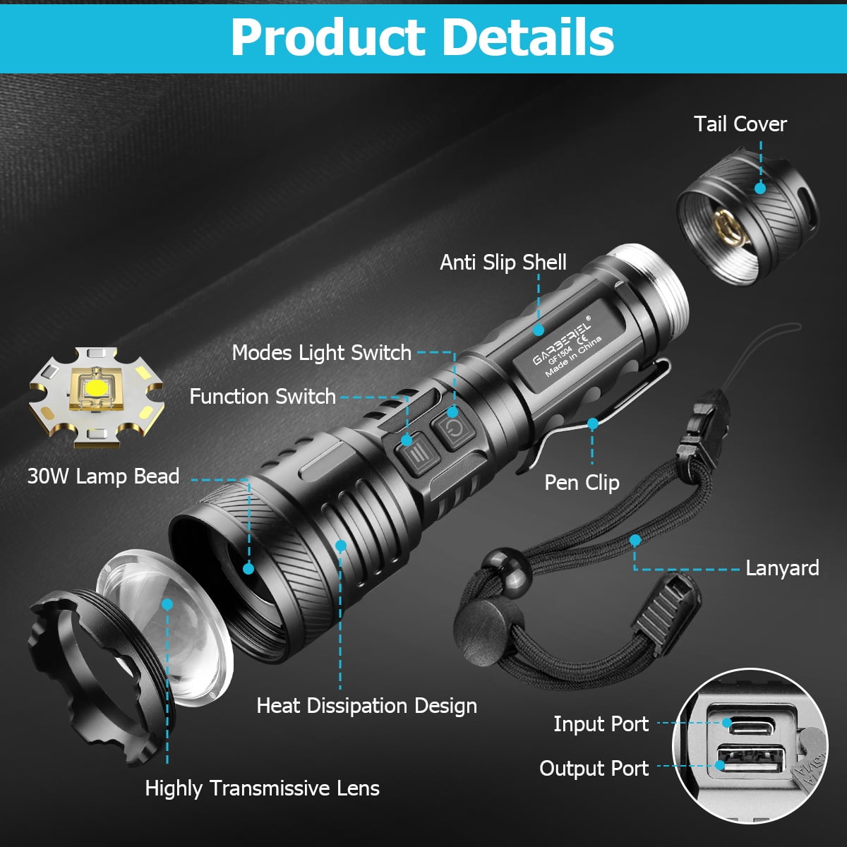1pc Ultra-Bright 30W Rechargeable LED Flashlight with Adjustable Focus, 5 Lighting Modes with 26650 Battery & Power Bank for Camping, Hiking, Emergencies, Outdoor