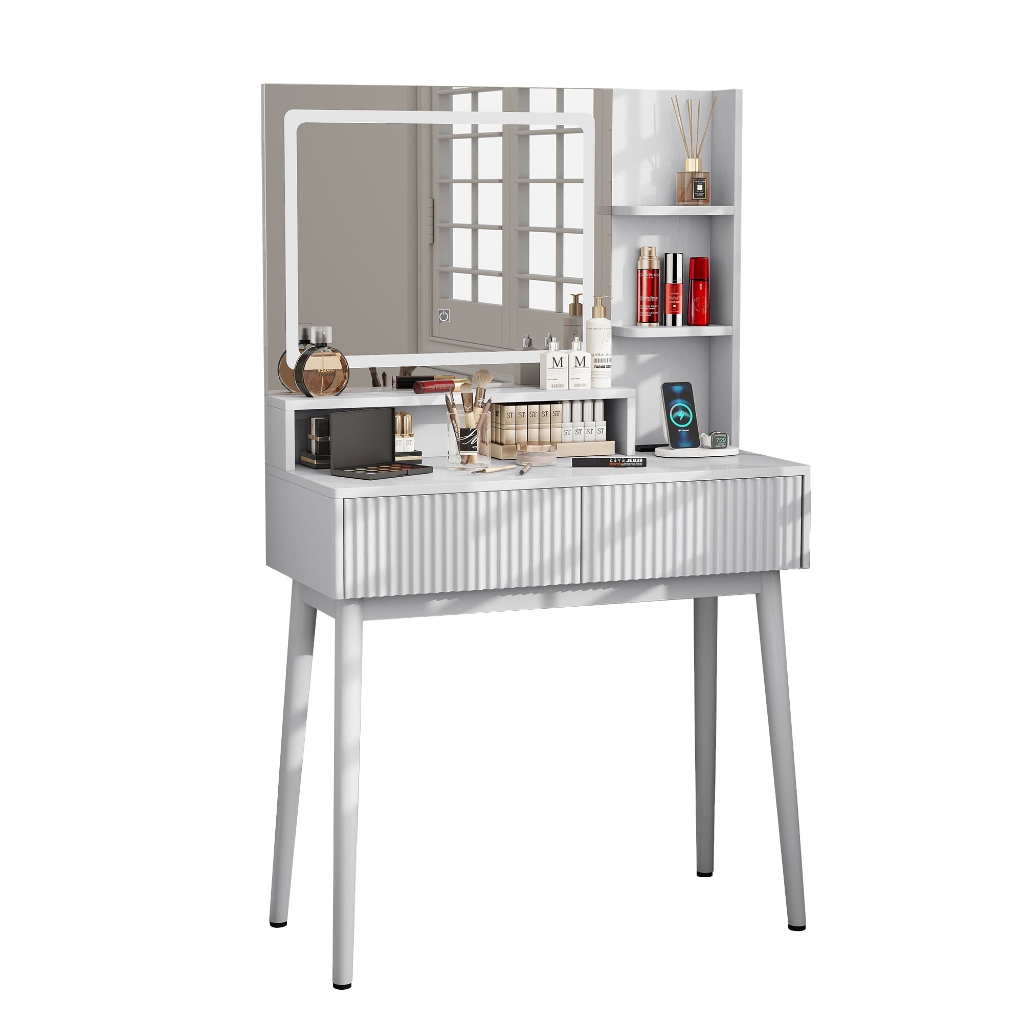 MOONMISS Vanity Desk with LED Lighted Mirror,3 Color Dimmable Makeup Vanity with Charging Station,2 Drawers & Open Shelves,Vanity Table for Bedroom