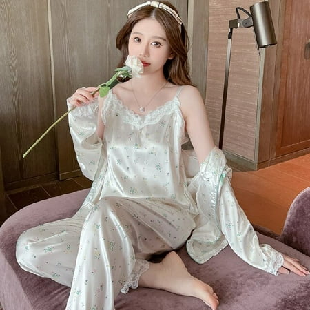 

DanceeMangoo Spring Summer Autumn 3 Pieces Set Elegant Silk Women Pajamas Print Shorts Long Sleeve Top Elastic Waist Pants Lounge Sleepwear
