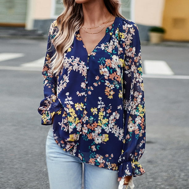 Camisa de moda para mujer con un solo pecho blusas estampadas florales Tops atuendo diario Walmart en linea