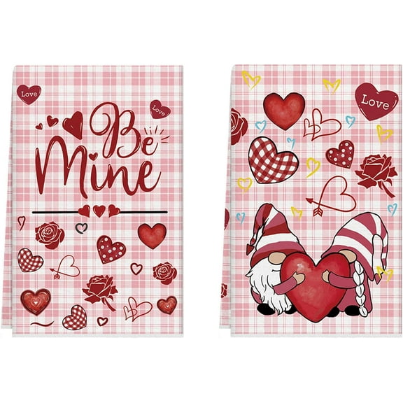 Valentines Day Pink Plaid Gnome Roses Love Hearts Kitchen Towels Dish Towels 18x26 Inch Home Decorations Hand Towels Set of 2 Drying Dishcloth