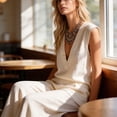 thumbnail image 6 of Bosfbaoi Two Piece Sets for Women Linen Blend Modern Fit Outfit Set Deep V-Neck Cap Sleeve Tops Wide Leg Pants Matching Sets Women Clothing, 6 of 7