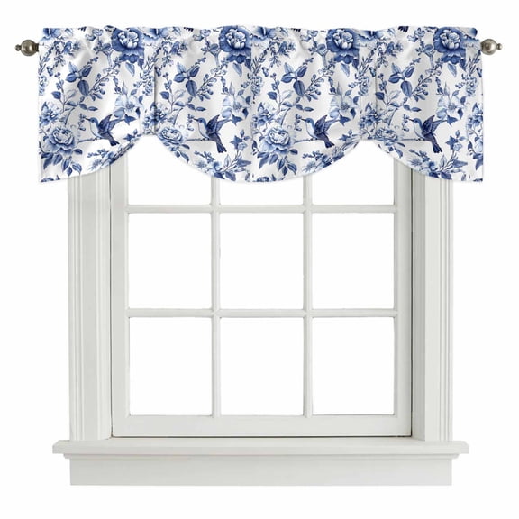 Tie Up Valances for Windows, White Blue Spring Floral Adjustable Valance Curtains Window Treatment for Living Room, Summer Botanical Hummingbird Rod Pocket Kitchen Curtains & Drapes 42x18 Inch