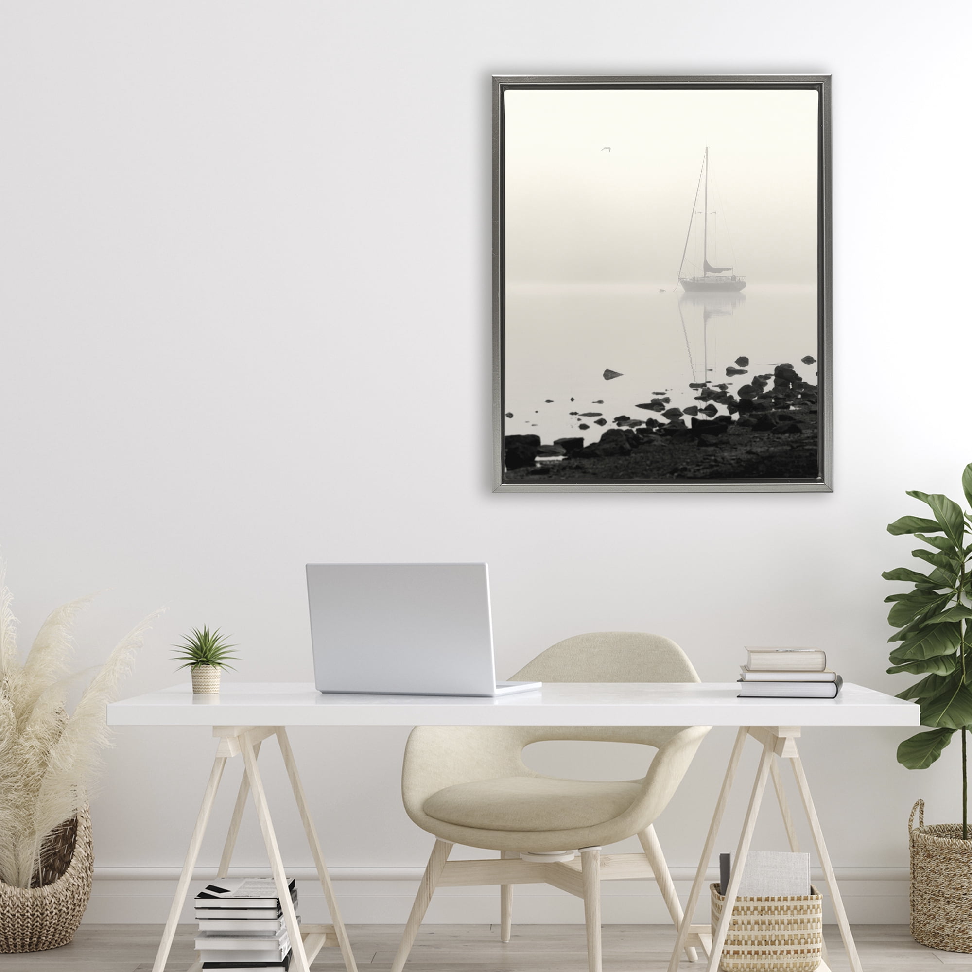 Stupell Industries Moored In Fog Gray Framed Floater Canvas Wall Art, design by Nicholas Bell