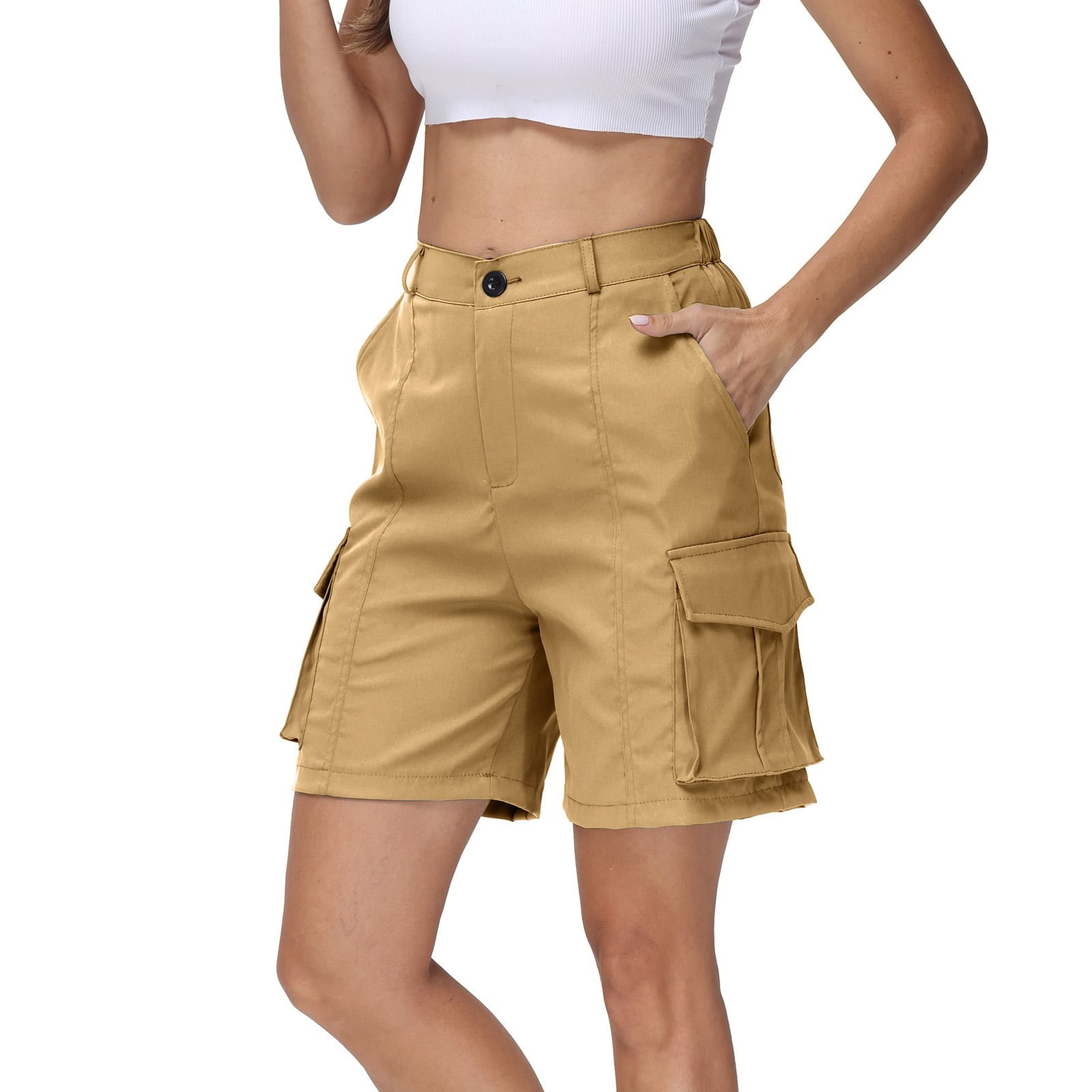 Mlqidk Khaki Shorts Women Dressy Casual Cargo Shorts Knee Length Low Rise 5 Inch Inseam Shorts with 6 Pockets Trendy Summer Khaki XL