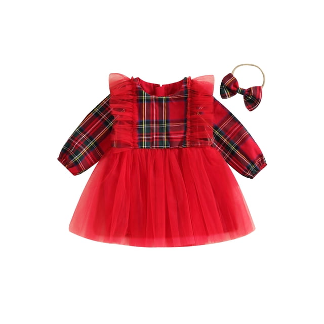 Fortune Robe à Carreaux de Noël pour Tout-Petites Filles 0-4 Ans, Robe à Manches Longues pour Enfant, Imprimé Tulle Patchwork, Bandeau