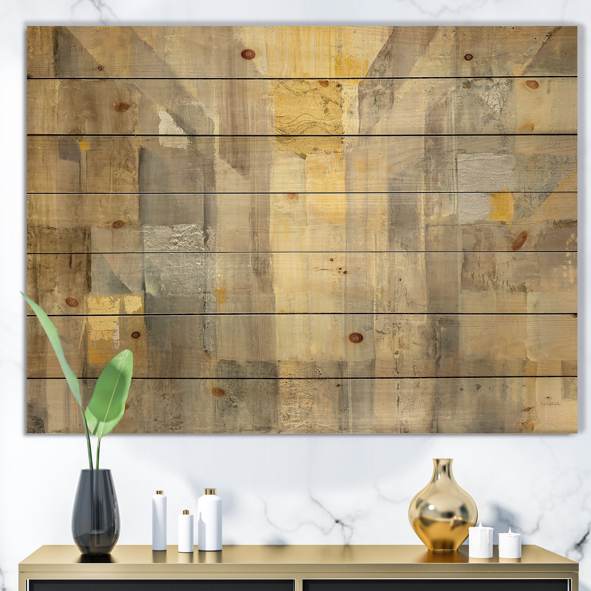 Designart 'Abstract Gold Square Watercolor' Glam Print on Natural Pine Wood
