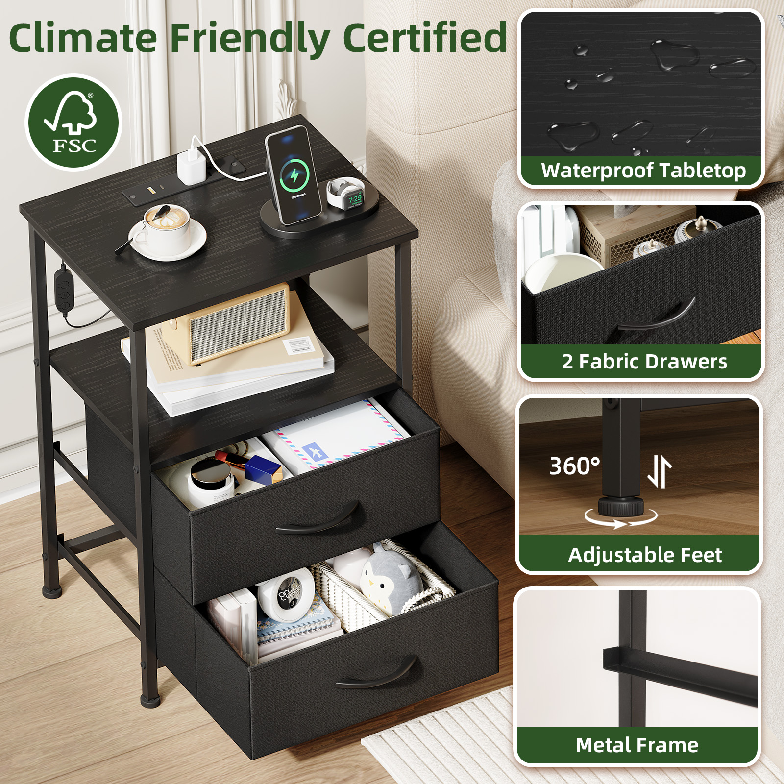 Eunos 2-Drawer Nightstand With Charging Station and LED photo 7