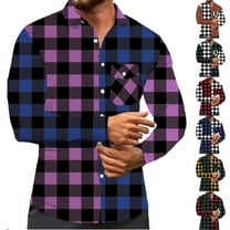 BiZtdJrK Men's Flannel Plaid Shirts Fall Winter Long Sleeve Button Down Shirt Casual Lapel Fashion Jackets with Pocket Purple XXL