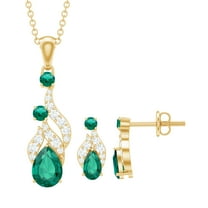 Rosec Jewels Lab Created Emerald Dangle Jewelry Set with Diamond for Women - AAAA Quality, 14K Yellow Gold