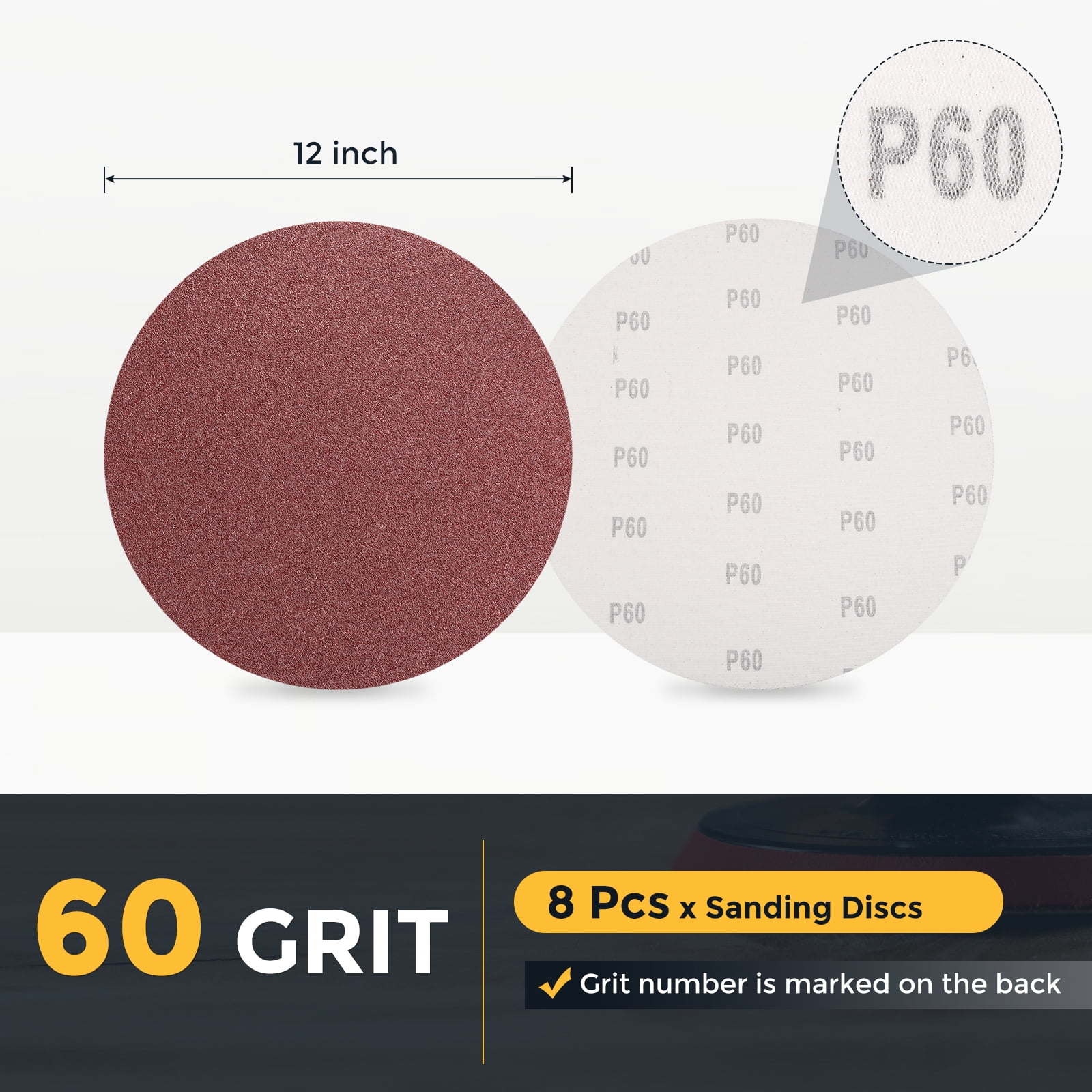8 Pcs 12 Inch Sanding Disc 60 Grit Hook and Loop Sandpaper Random Orbital Sander Pads for Woodworking Automotive Metal Polishing, Red