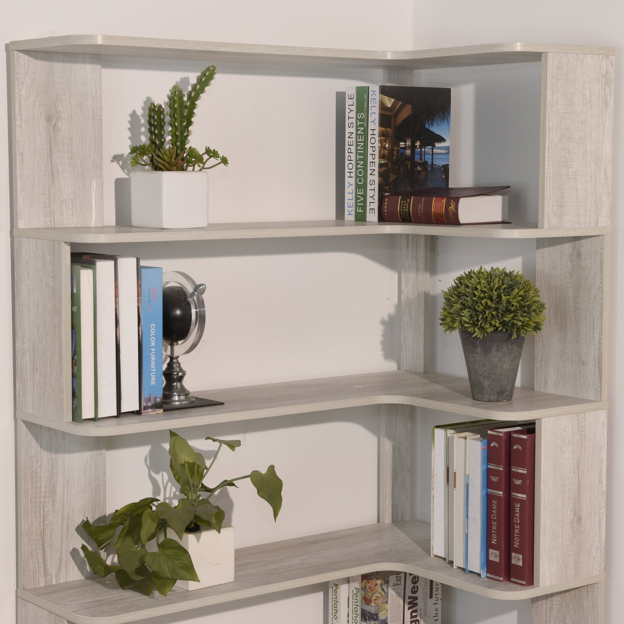Leumius 5 Tier Freestanding Bookshelf,Wooden L-Shaped Corner Bookcase with Anti-drop Panel and Anti Tipping Device, Display shelf Open Storage,Light Gray