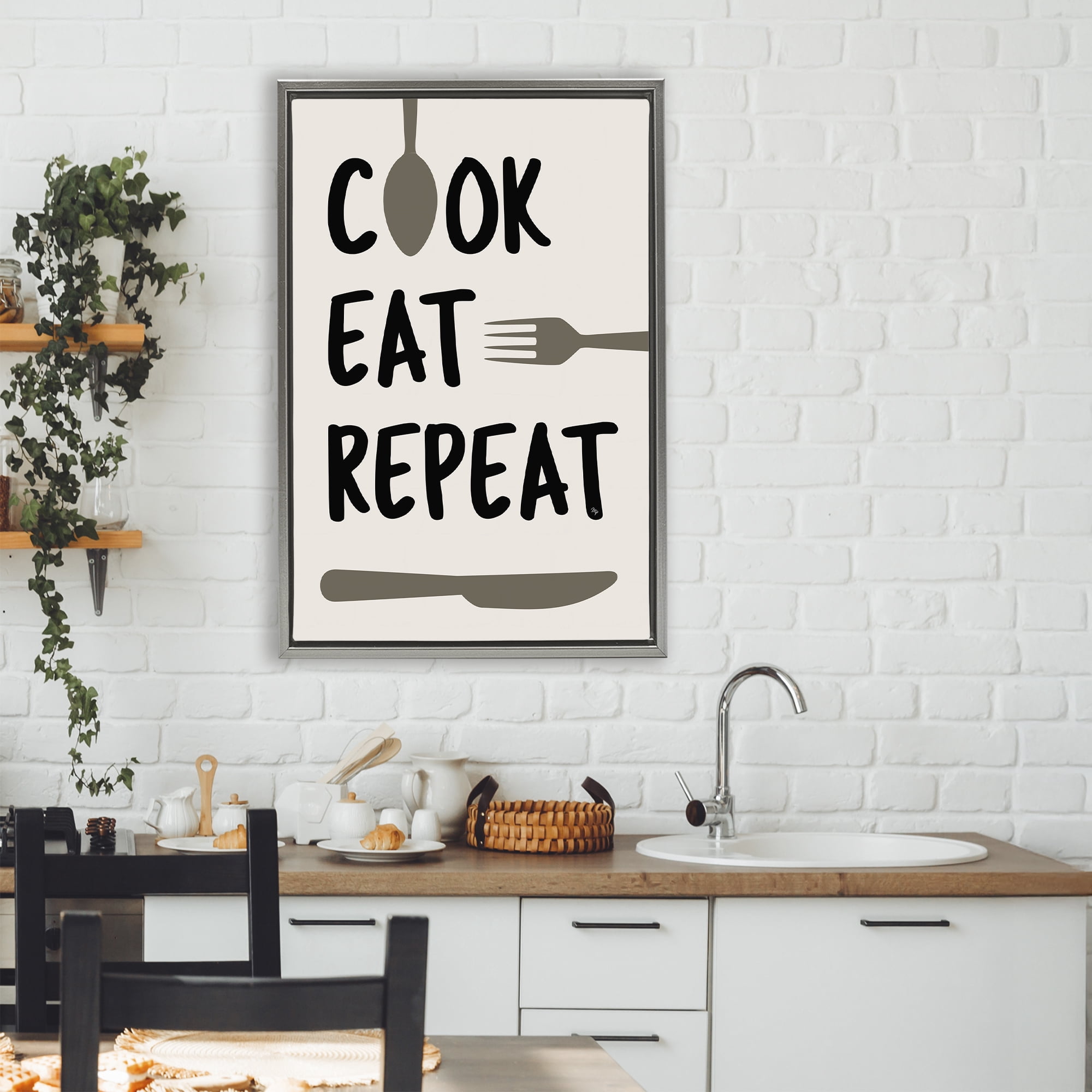 Stupell Industries Cook Eat Repeat with Utensils Gray Framed Floater Canvas Wall Art, design by Martina Pavlova