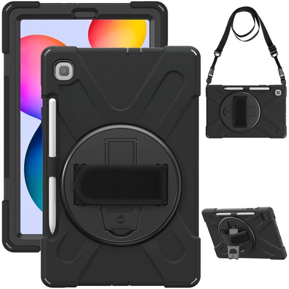 for Samsung Galaxy Tab S6 Lite Case 10.4 inch SM-P610/P613/P615/P619, 360 Hand Strap, Shoulder Strap, Kickstand, Rugged Drop Protection, Black