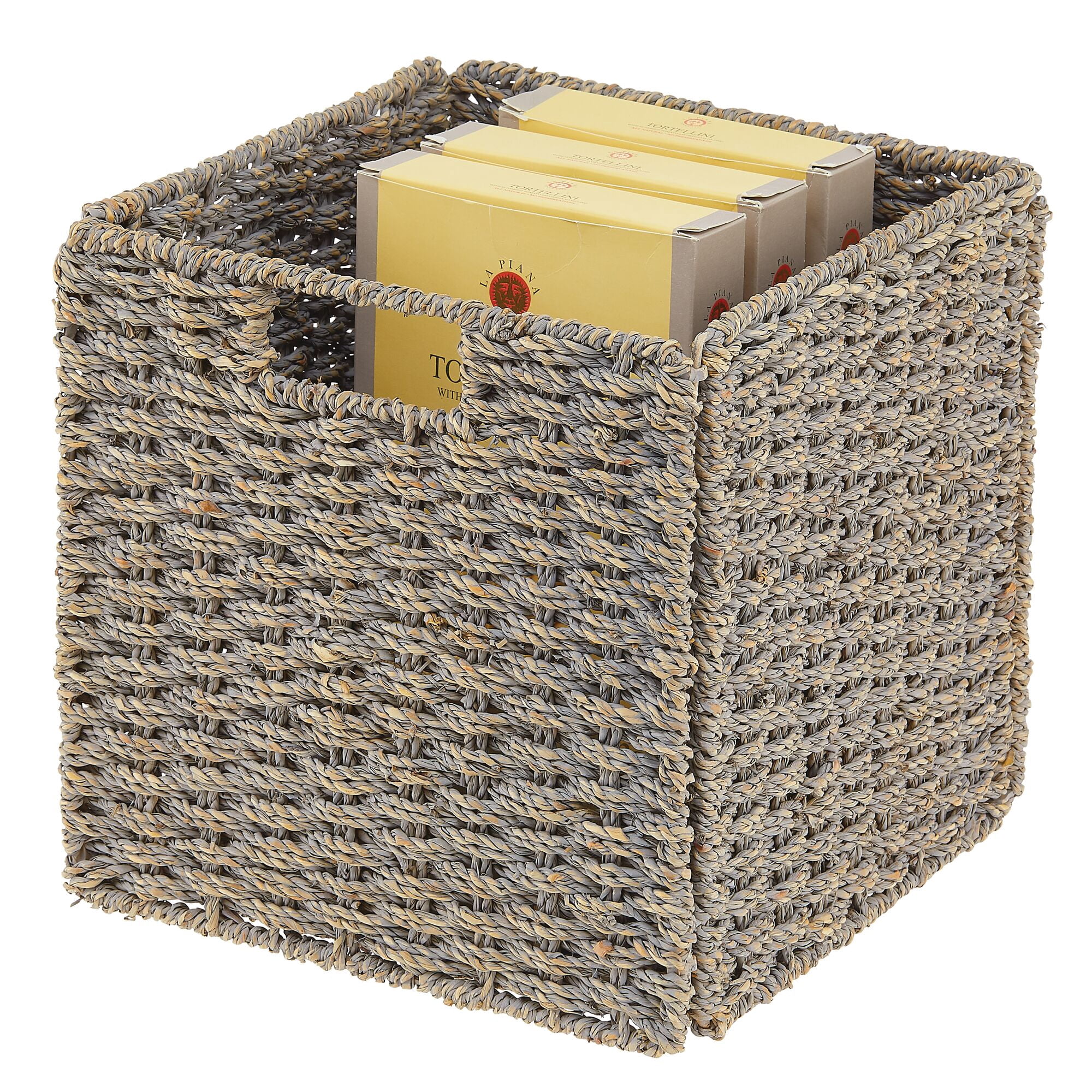 mDesign Seagrass Woven Kitchen Basket Organizer, Handles, 4 Pack, Gray Wash