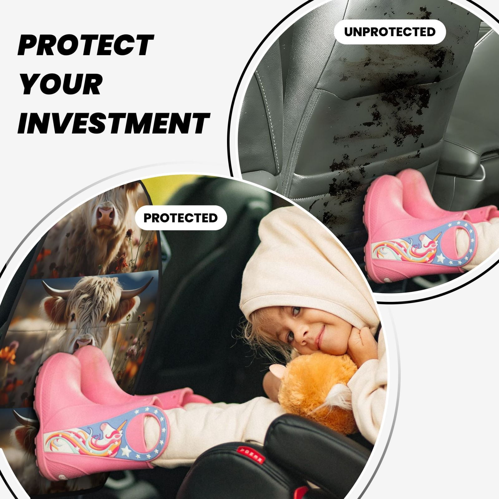 Xecao Adorable Flower Field Cow Pattern Car Seat Back Protector 2 Pack Large Capacity Pocket, Kick Mats Back Seat Protector