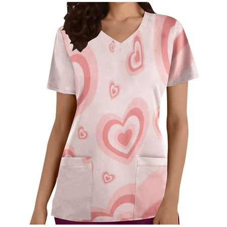 

LWZWM Womens Valentine s Day Workwear Scrub Tops Tunic Tops Fashion Short Sleeve V-Neck Tops Working Uniform Happy Valentine s Day With Pocket Blouse Pink XL