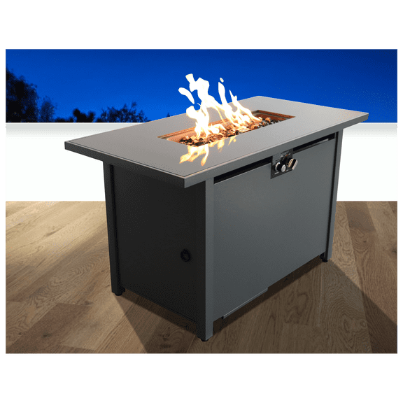 43" Smoked Glass Metal Rectangular Fire Pit, Gray Finish, Modern Outdoor Patio Fireplace, Durable Stainless Steel
