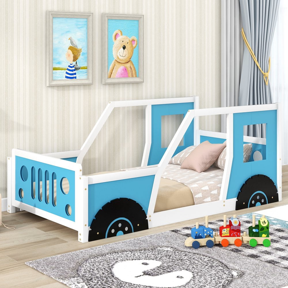 Hassch Twin Size Platform Bed Classic Car-Shaped Wooden Bed Frame with Wheels for Bedroom Playroom, Blue