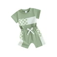 thumbnail image 2 of Musuos Toddler Boys Summer 2 Piece Outfits 12 18 24M 3 4T Plaid Patchwork Short Sleeve T-Shirt and Elastic Shorts, 2 of 10