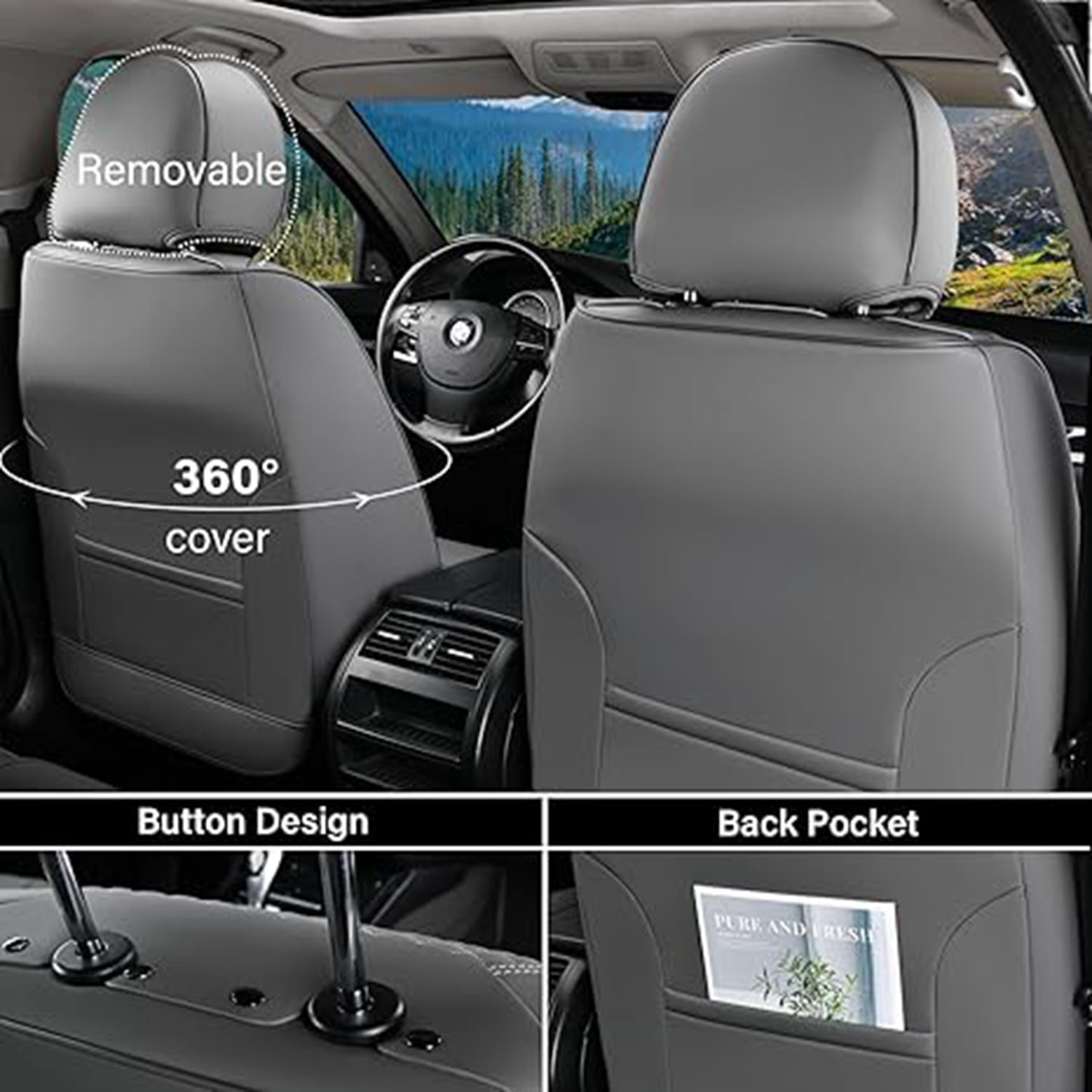 Coverado Car Seat Covers Full Set, Breathable Faux Leather Seat Protectors, Comfortable&Durable, Auto Cushion Universal Fit for Most Cars, Gray