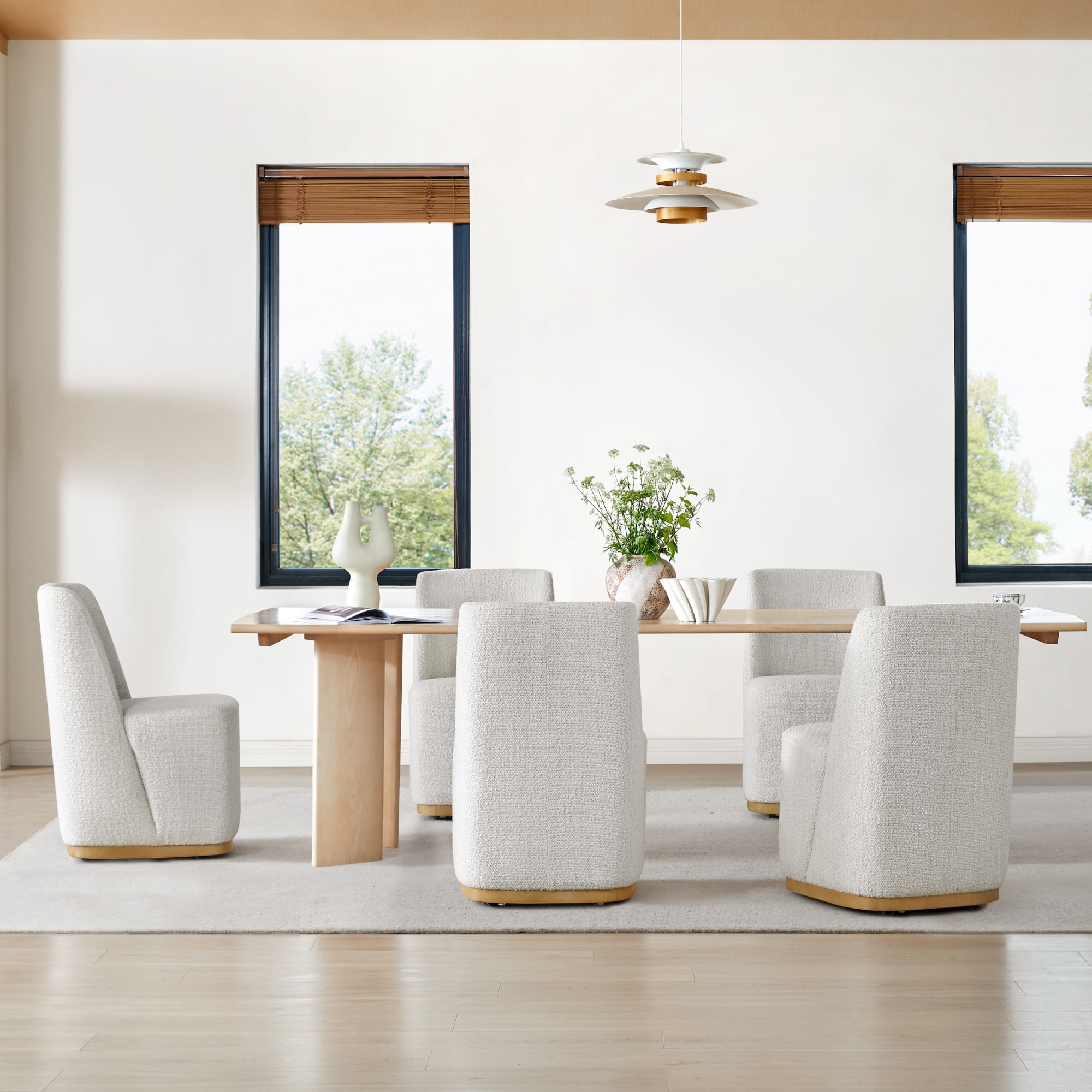 Spruce & Spring Modern Upholstered Dining Chair with Hidden Casters & Wood Base Set of 2, Pearl White