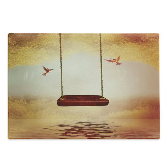 Hummingbirds Cutting Board, Red Hammock and Hummingbird in a Peaceful Lake Fantasy Scene, Decorative Tempered Glass Cutting and Serving Board, Large Size, Orange Burgundy, by Ambesonne