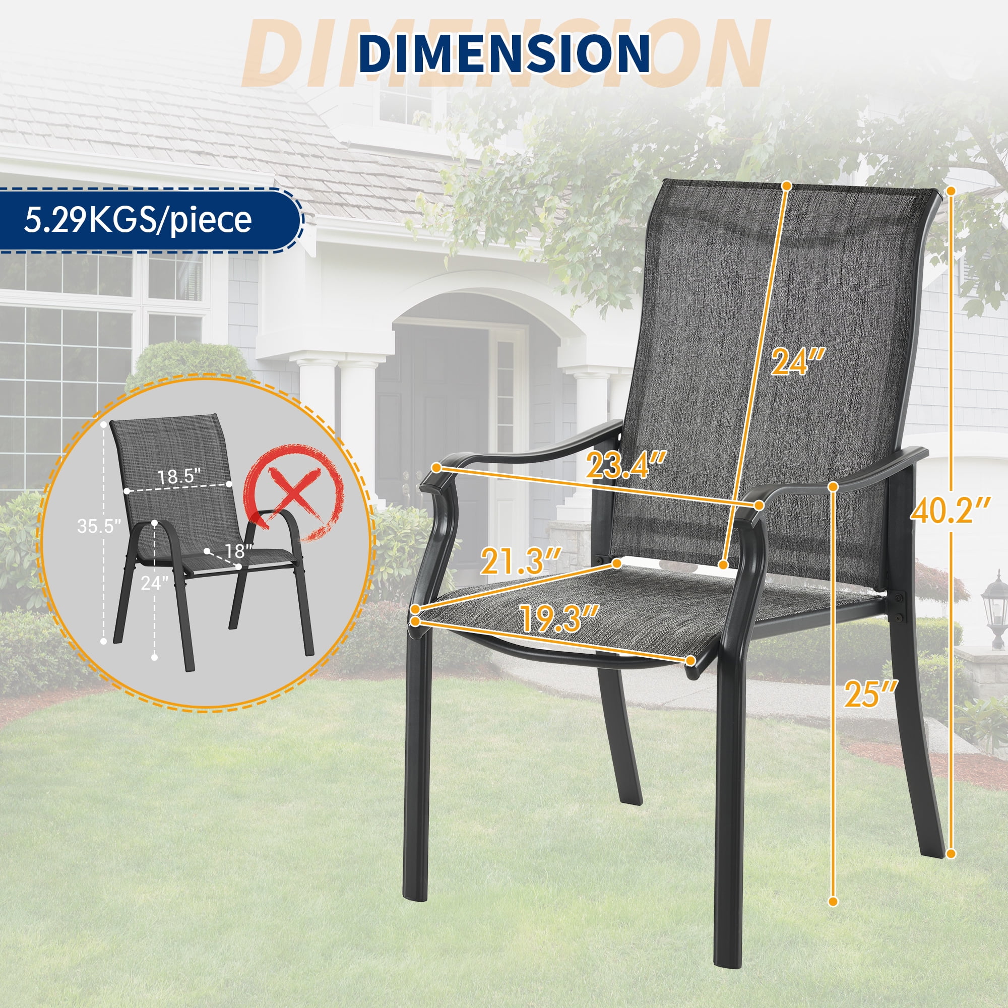 Techmilly Patio Chairs Set of 4, Outdoor Dining Chairs High Back with All Weather Breathable Textilene, Metal Frame for Lawn Garden Backyard Deck, Dark Grey
