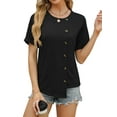 thumbnail image 3 of Hibeli Women Button Decor Crew Neck Short Sleeve Split Hem Solid Color Top, 3 of 7