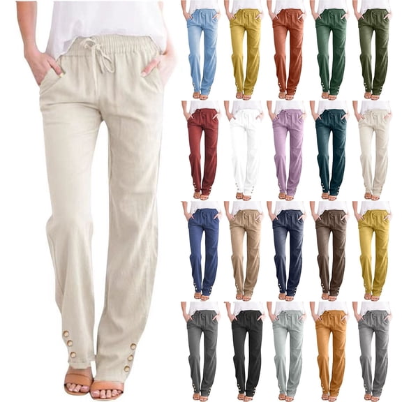 Chroia Women 2026 Spring Summer Cotton Linen Pants, High Waisted Drawstring Straight Leg Casual Trousers with Pockets
