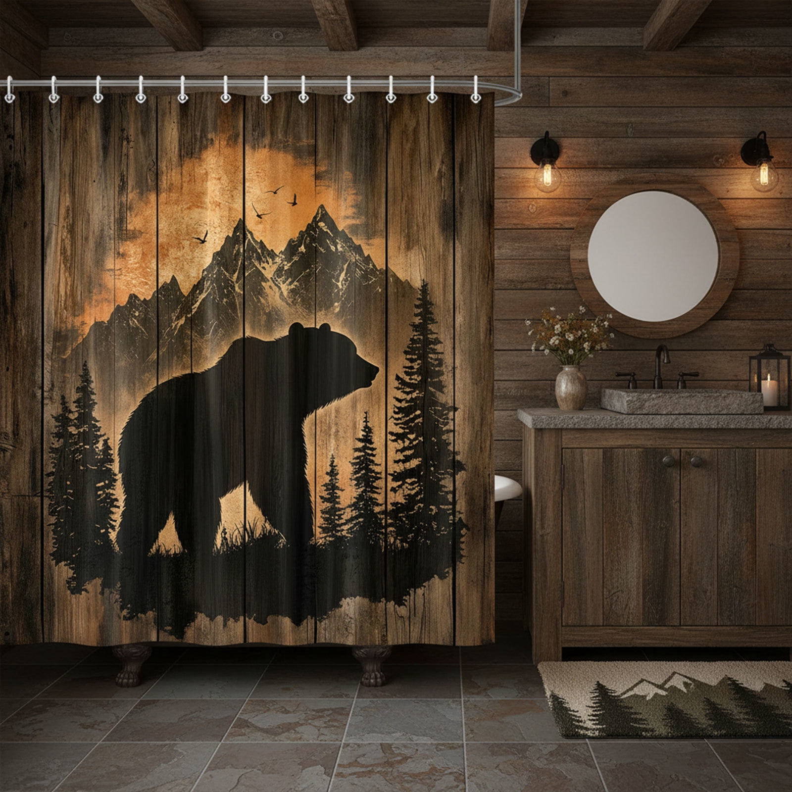 Rustic Cabin Shower Curtain for Bathroom, Forest Bear Wooden Bath Curtains, Wildlife Country Hunting Camping Waterproof Fabric Bathroom Curtain Accessories Set with Hooks, 72x72 Inches
