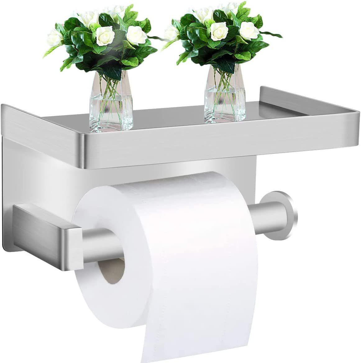 Toilet paper holder without drilling with shelf, toilet paper holder