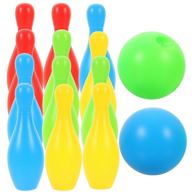 Juego de bolos para niños de 12 piezas, juguetes interactivos de colores (10 botellas, 2 pelotas)