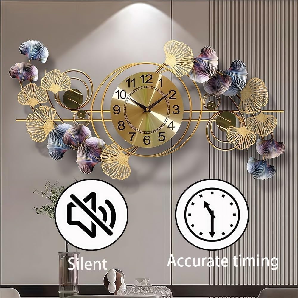 Wall Clocks for Living Room Decor,Large Wall Clock,3D Creative Metal Ginkgo Leaf Design,with Silent Movement Wall Clocks for Home Wall Decor Clock, 17.5 x 33.5 inch