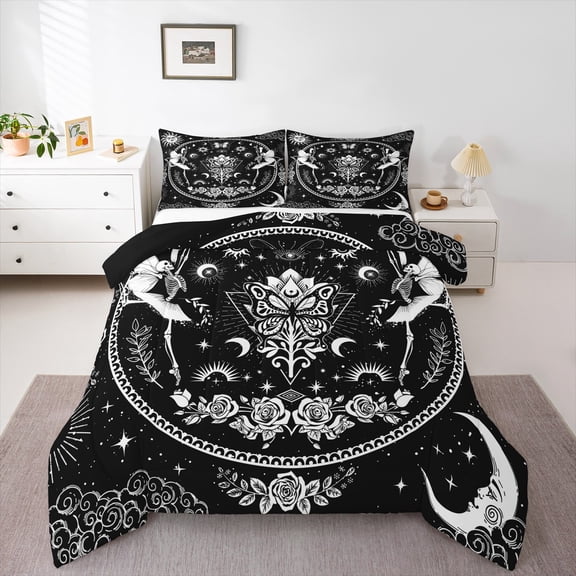 jejeloiu Gothic Skull Halloween Skeleton Twin Comforter Set Boho Flower Microfiber Reversible Bedroom Decor For Kids 2pcs