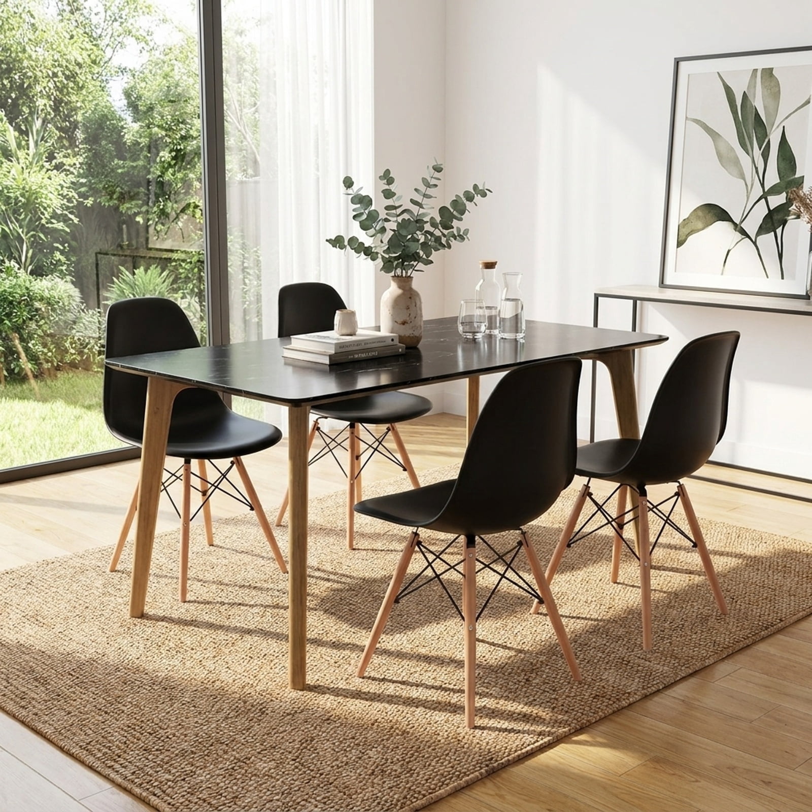 Furnibear 4 Pieces Modern Armless Dining Chair Set with Wood Legs for Kitchen Dining Room Living Room Home, Black