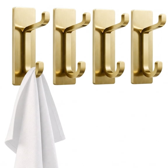 Brushed Gold Stainless Steel Wall Hooks 4 Pack, Double Hook Design for Towels Coats Bags, Adhesive or Screw Mount.