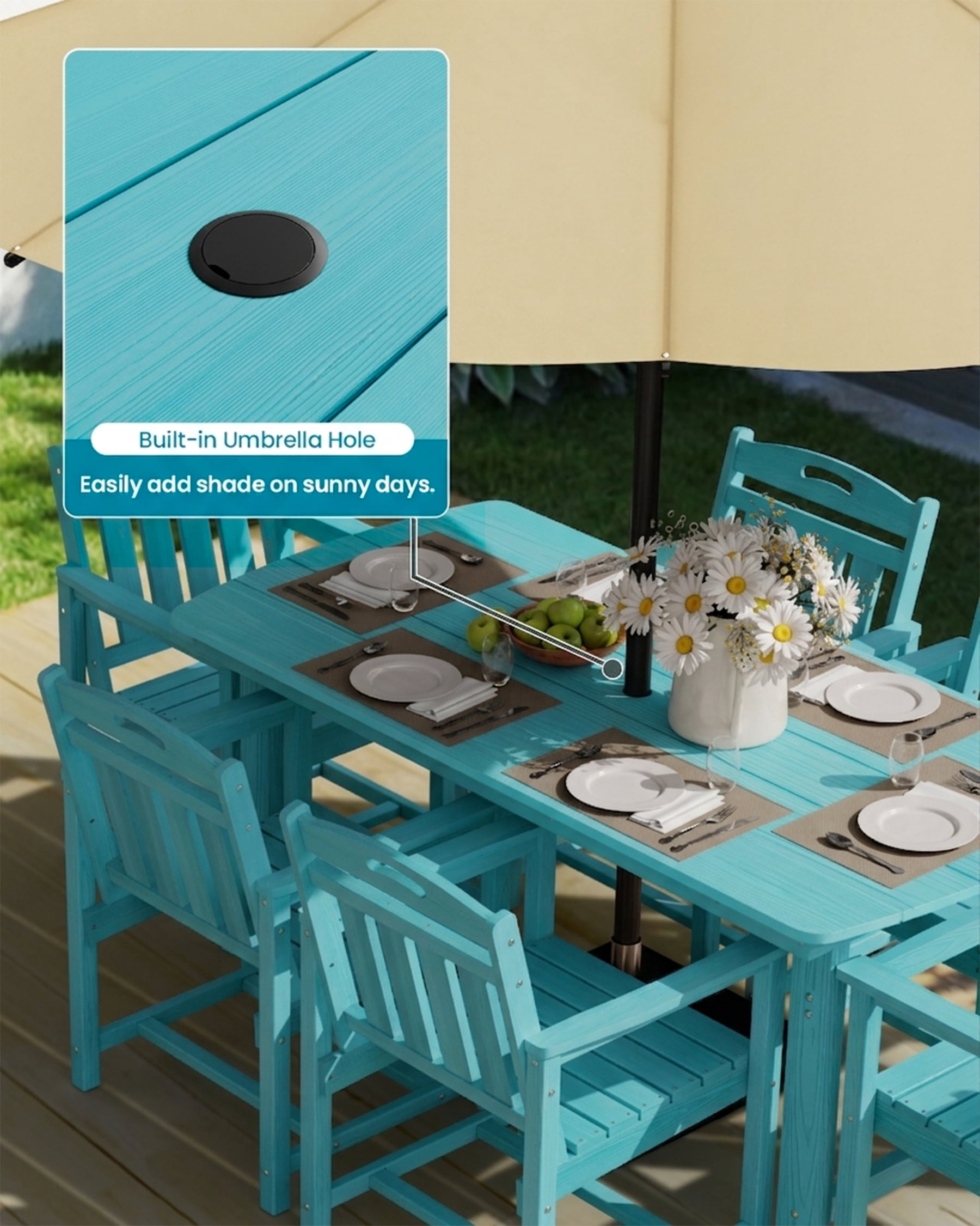 Harbweb 5pc HDPE Outdoor Dining Set, All-Weather Wood Grain Patio Furniture, Aqua