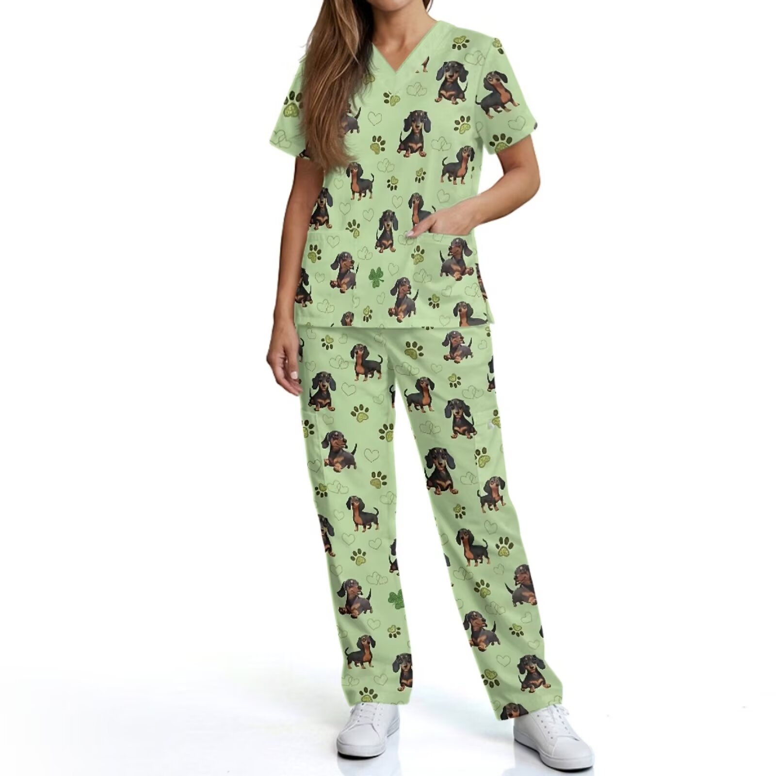 Kuiaobaty Dachshund Print Scrubs for Women Set Paw Heart Print Nursing Uniforms Breathable Medical Scrubs for Vet Pediatric Nurse, Green