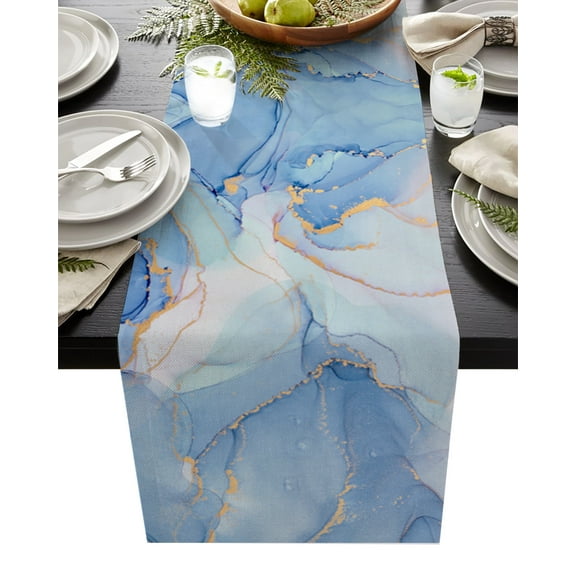 Table Runner Dresser Scarves 90 Inch Long, Abstract Watercolor Marble Stone Linen Dining Table Runners Gold Blue Teal Tabletop Scarf for Wedding Holiday Party Kitchen