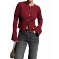 thumbnail image 3 of Chandail Tendance pour Femmes Col Rond Côtelé Crop Bell Manches Longues Ouvert Chemise Automne Rouge Vin P, 3 of 7