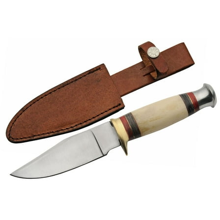 SZCO Supplies 10" Bone Handle Fixed Blade Outdoor Utility Knife with Leather Sheath, White