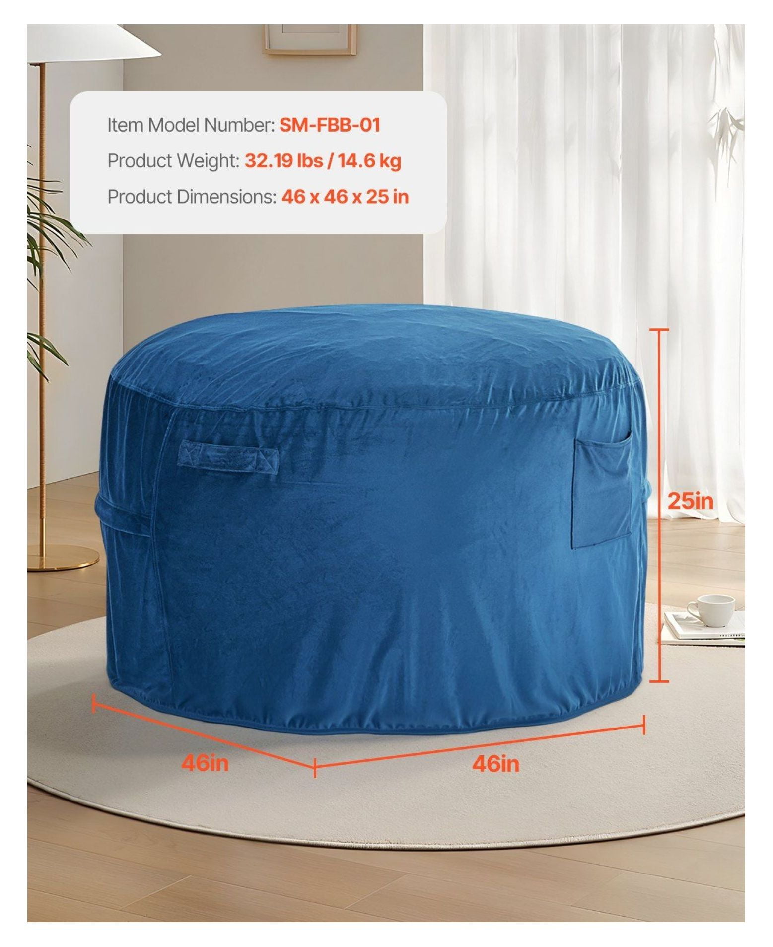 Round Bean Bag Chair for Adults, Dutch Velvet Beanbag with Handle - Blue