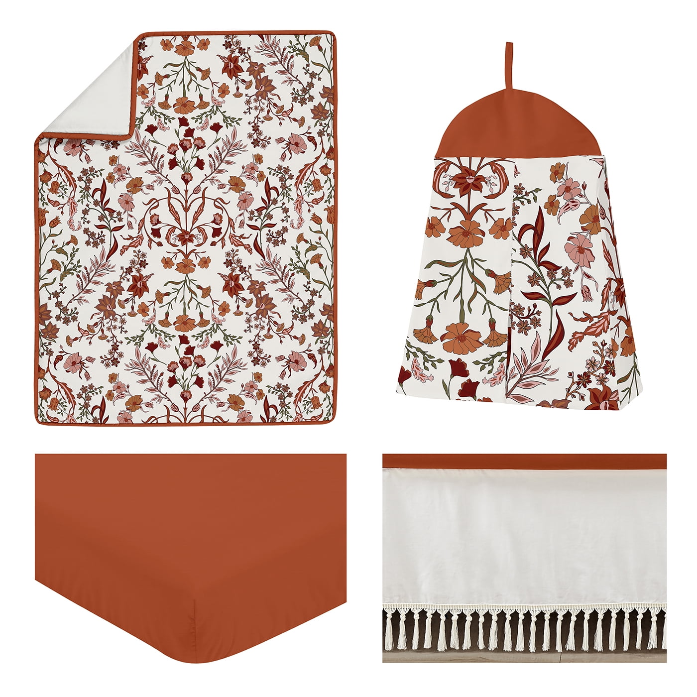 Sweet Jojo Designs Boho Floral Wildflower Rust Orange Ivory Off White 4 Piece Crib Bedding Set